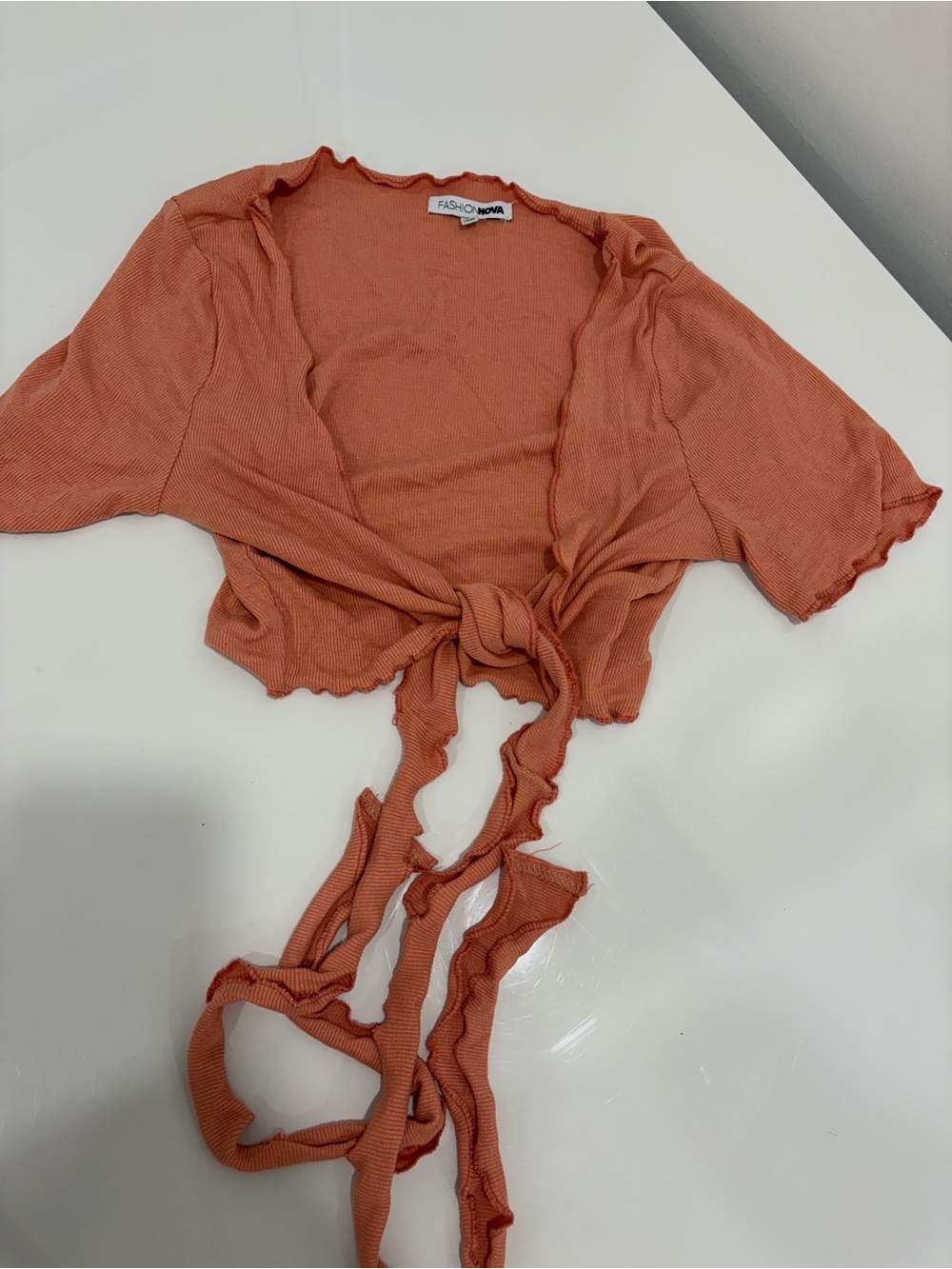 Fashion Nova Coral Tie-Front Short Sleeve Crop Top